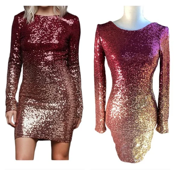 Dresses | Nwot Red Ombr Sequin Long Sleeve Mini Dress B11 | Poshmark